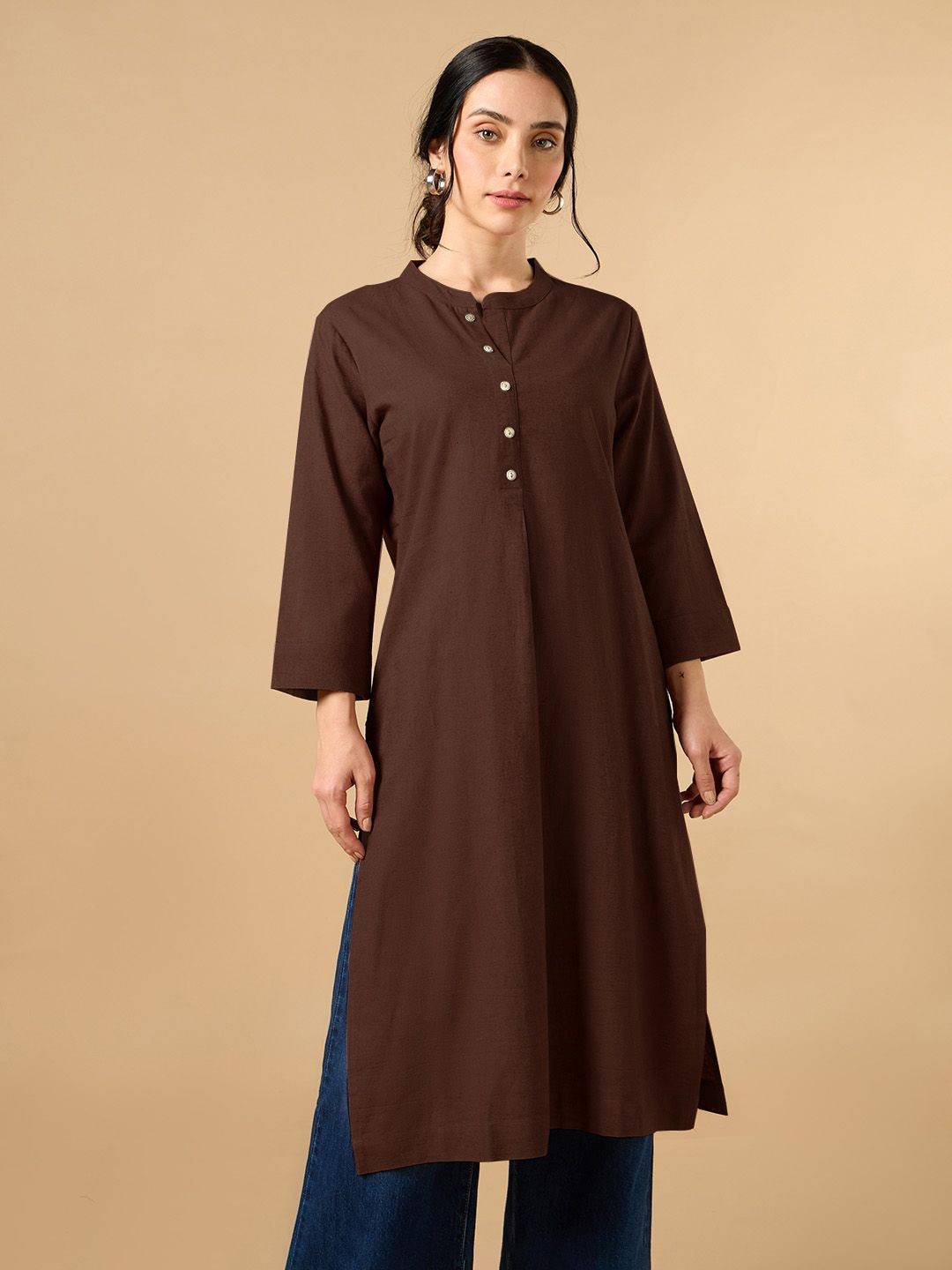 COTTONS DAILY Women brown Solid Mandarin Collar Cotton Linen Kurta