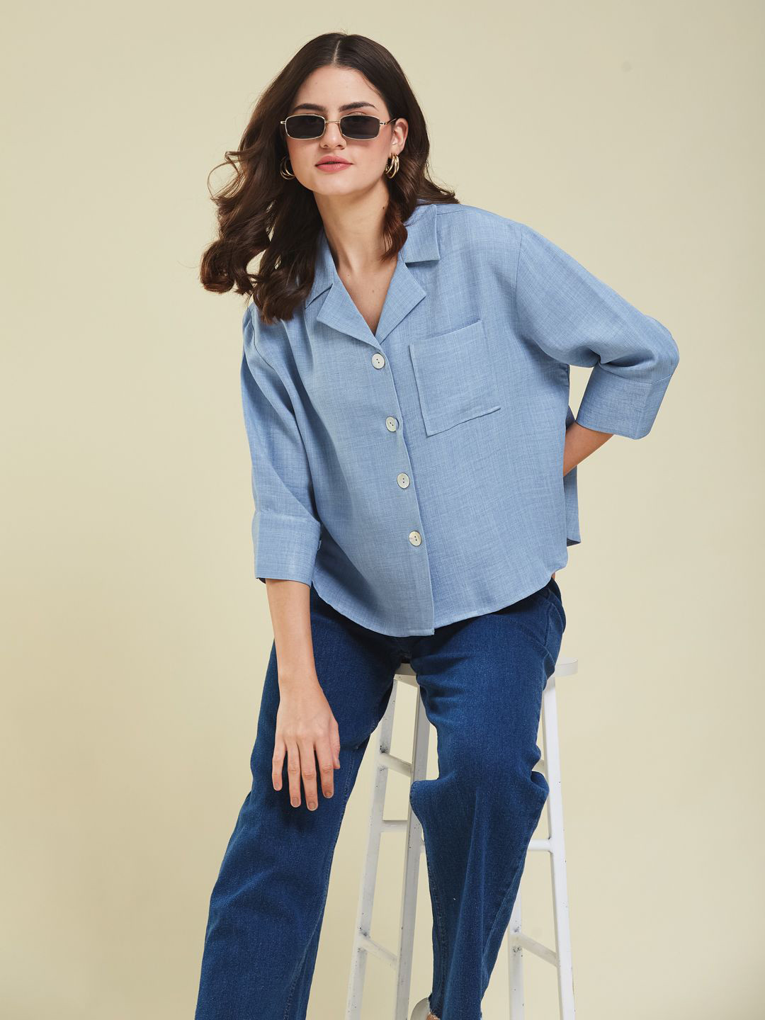 J Turritopsis Women Solid Cuban Collar Casual Shirt