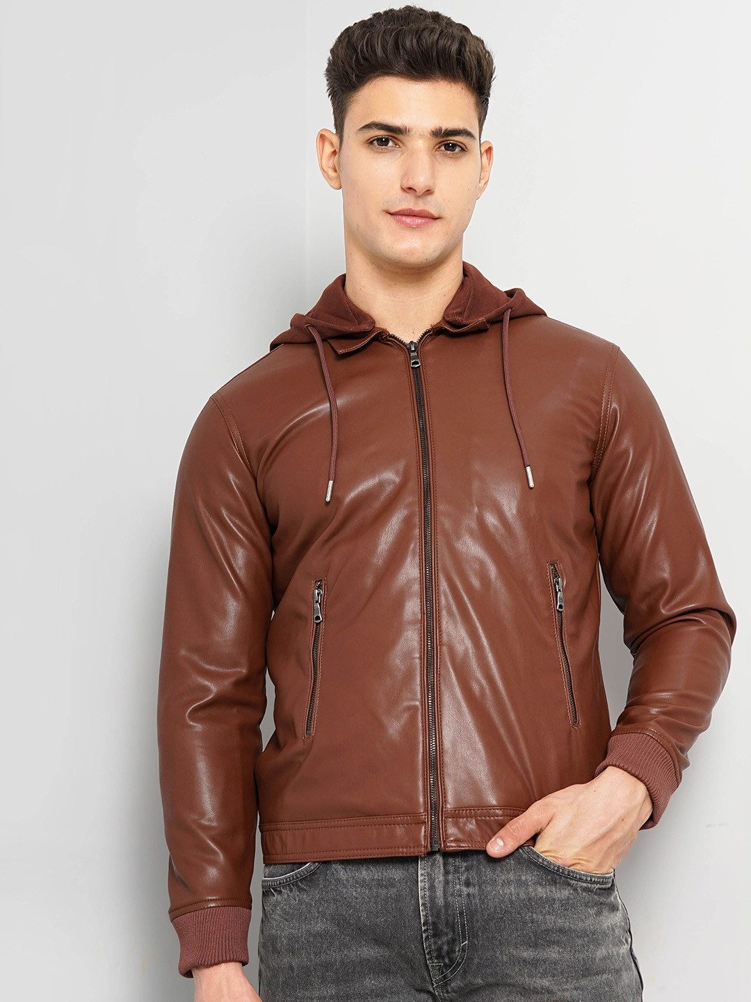 Celio Men Solid Hooded Leather Jacket