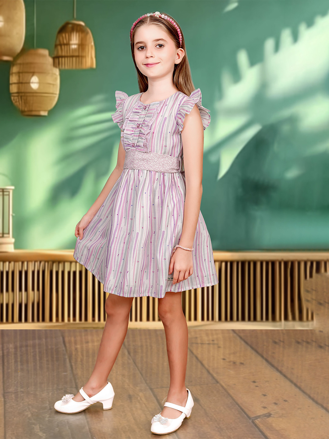 TINY TWILLS Girls Striped Gathered or Pleated Linen Fit & Flare Dress