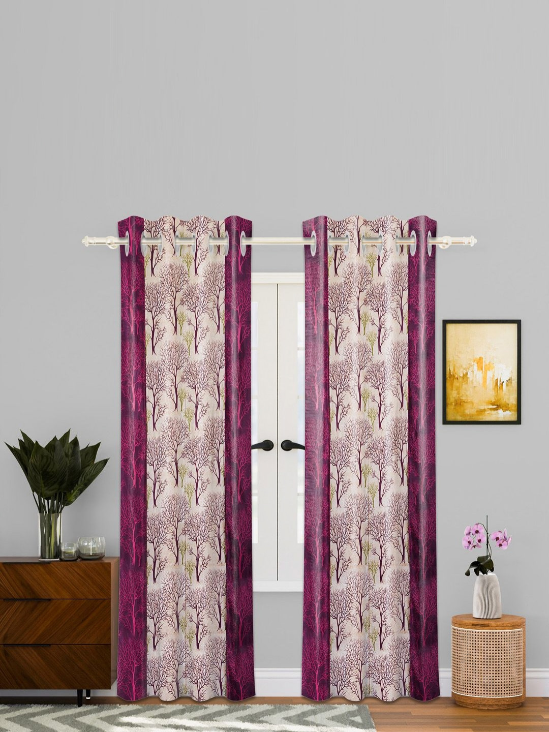Aura Purple & Beige 2 Pieces Floral Printed Long Door Curtains
