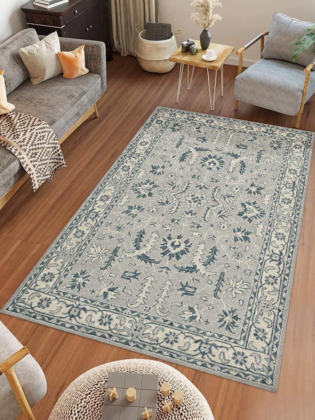 saraswatii global Romania Grey & Blue Floral Printed Tufted Woollen Carpet