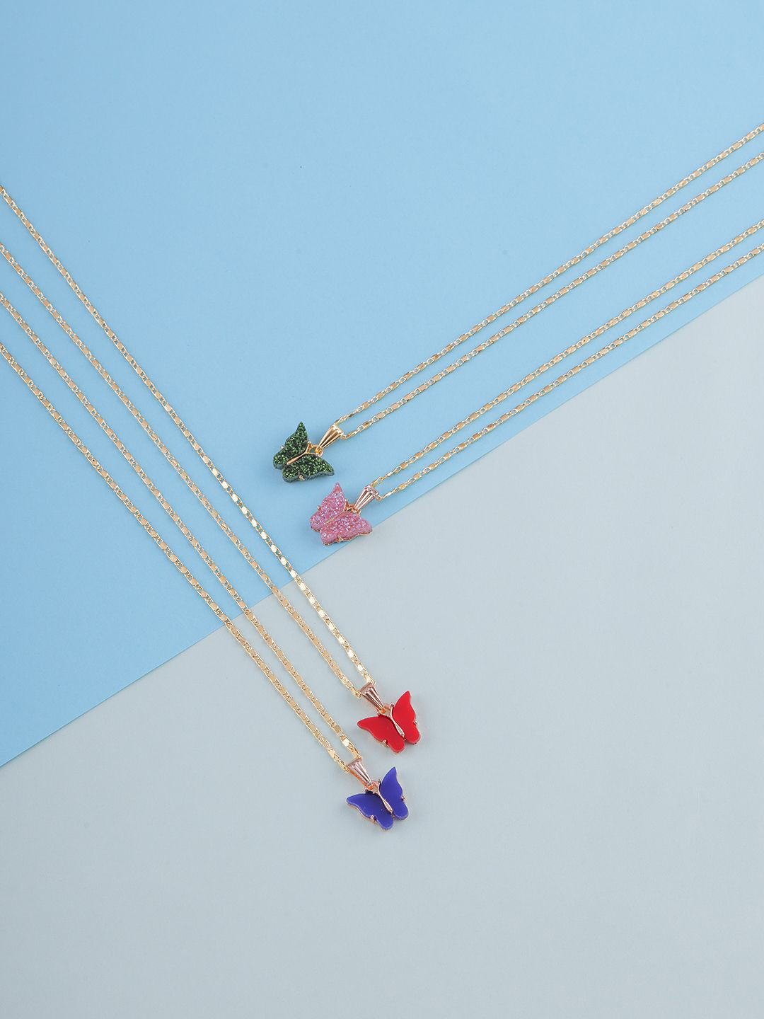 DressBerry Set Of 4 Gold-Plated Sparkling Resin Butterfly Pendant With Chain