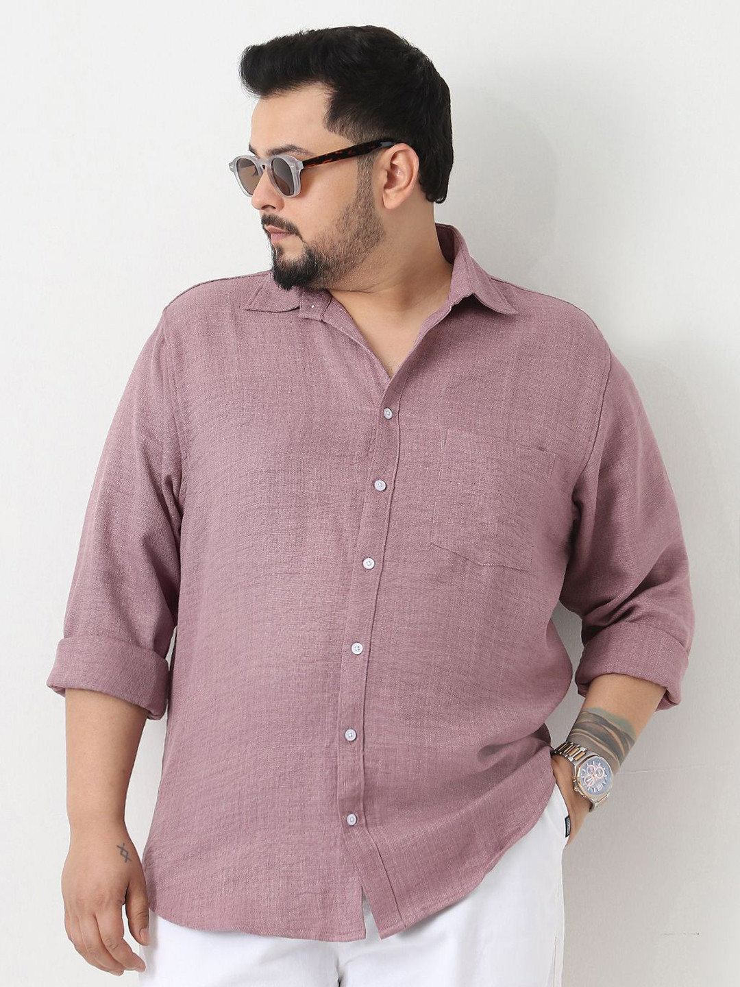 Urbano Plus Men's Purple Linen Full Sleeve Relaxed Fit Casual Solid Shirt