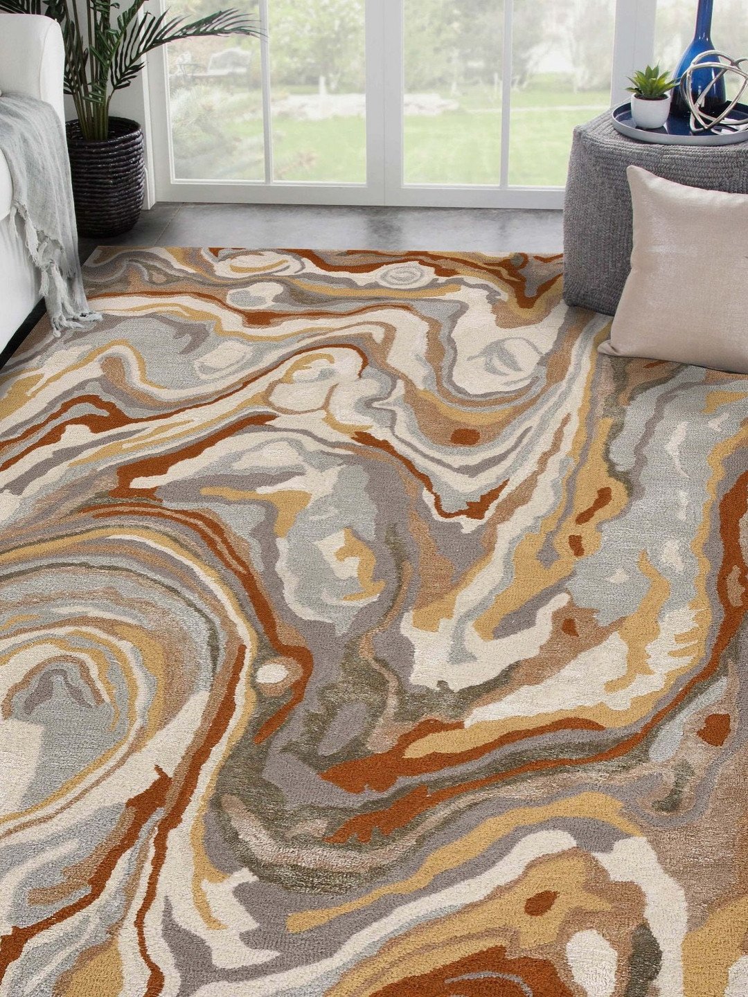 saraswatii global Cubism Beige & Brown Printed Tufted Woollen Carpet