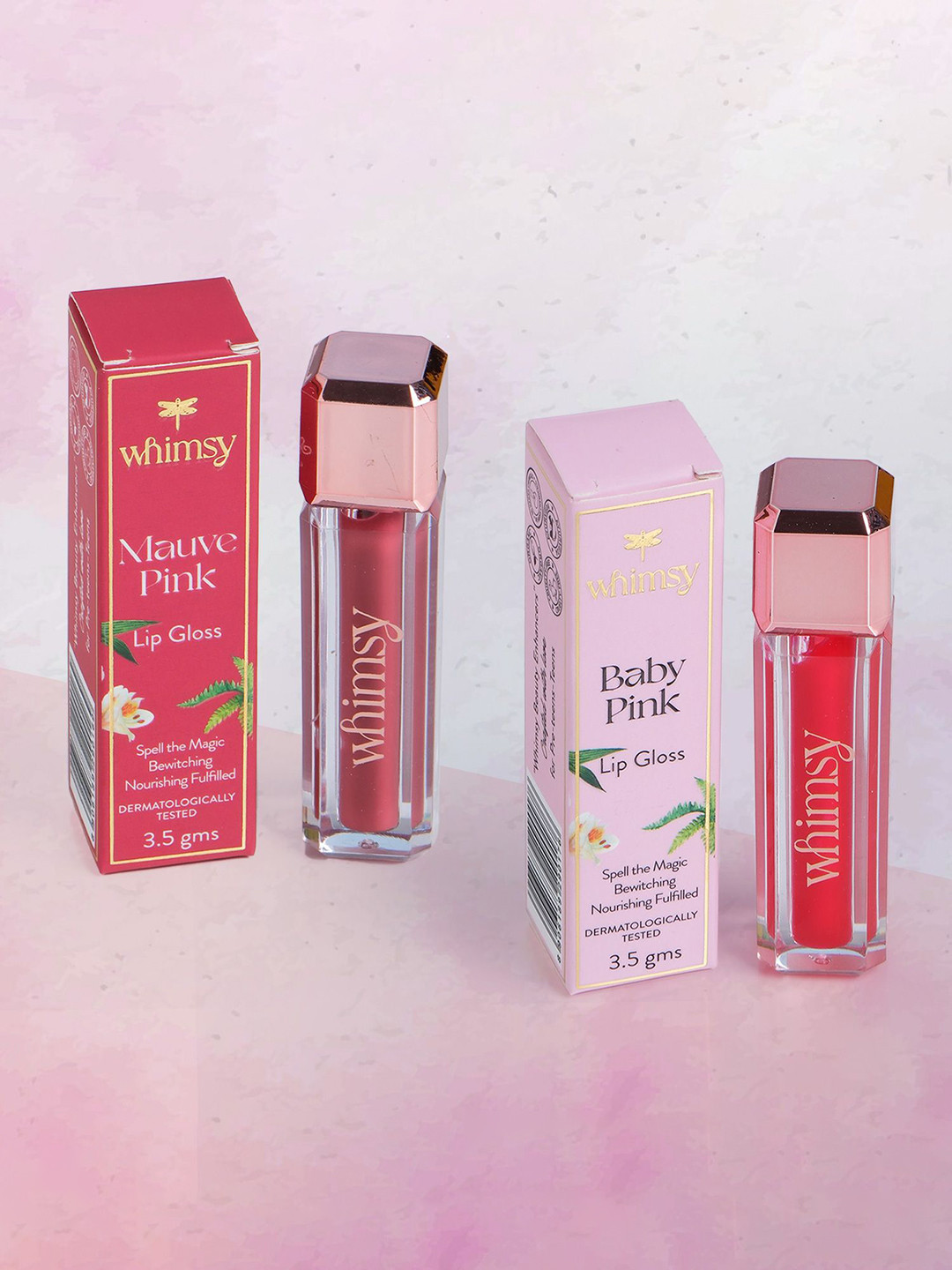 Whimsy Beauty Set Of 2 Glossy Long Lasting Lip Gloss- 3.5 ml Each- Mauve Pink & Baby Pink