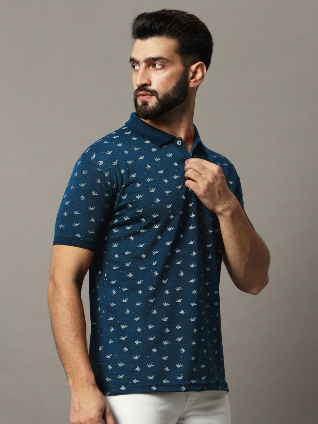 HUSHBUCKS Floral Printed Polo Collar Cotton T-shirt