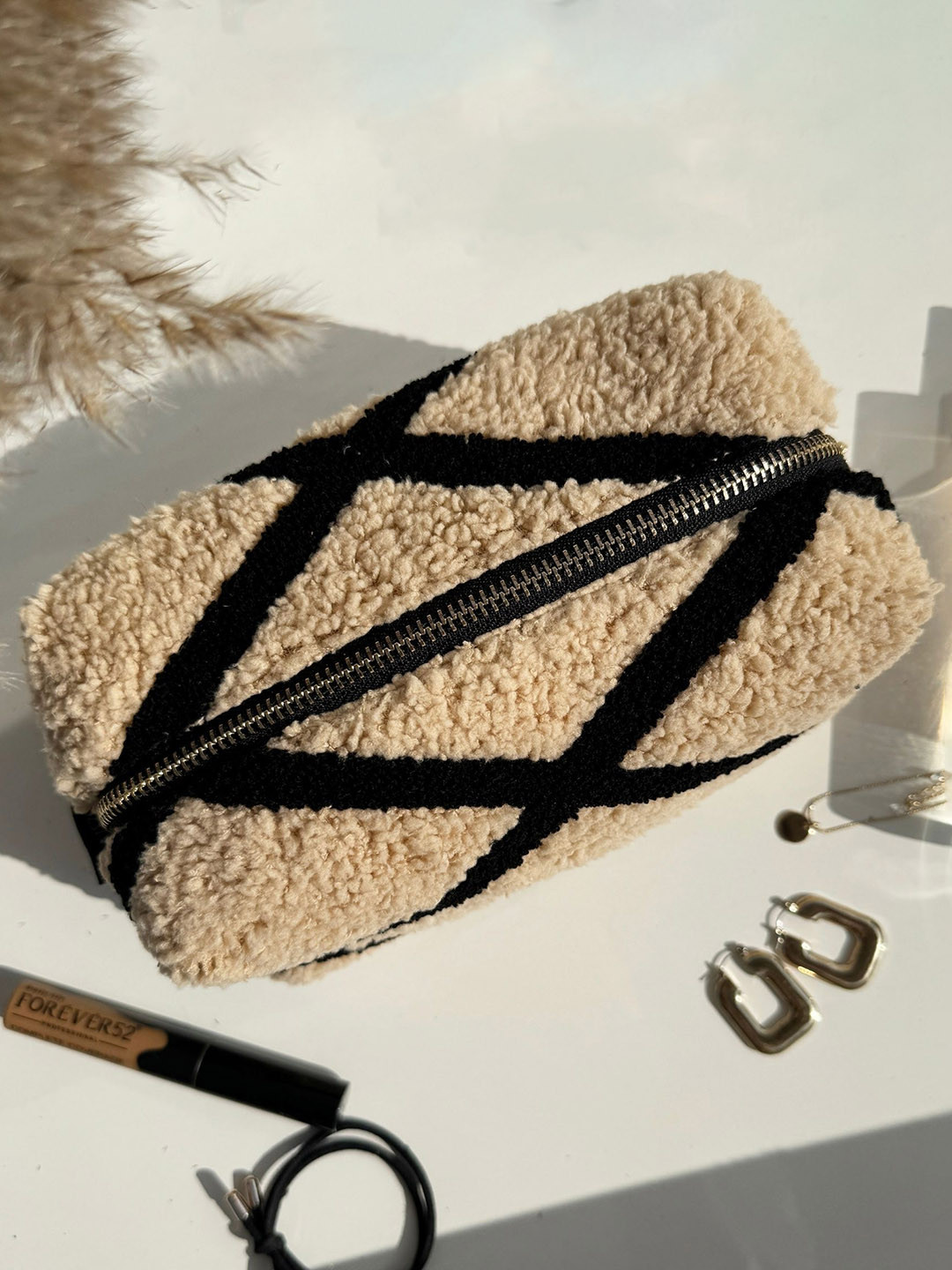 TSANTA Beige & Black Geometrical Tufted Pouch