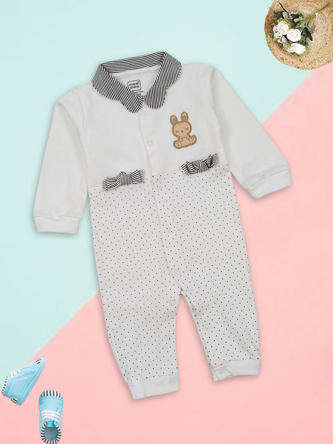 MeeMee Infants Interlock Baby Romper With Bunny Patch & Polka Dot Printed