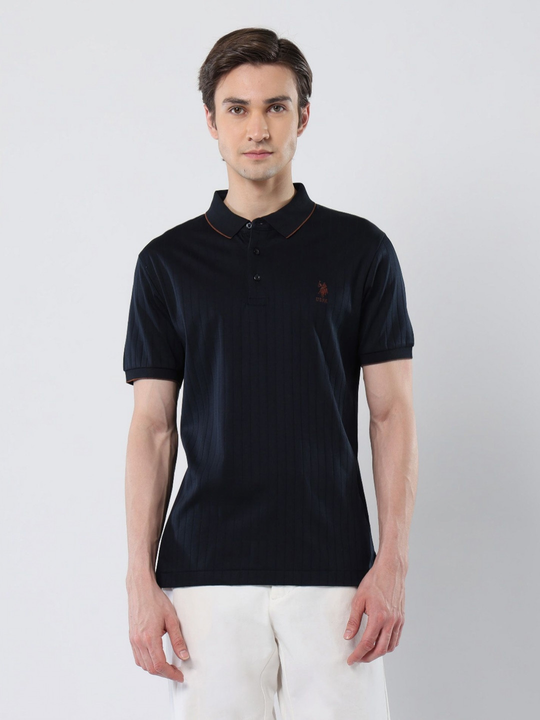 U.S. Polo Assn. 135 Anniversary Self Design Polo Collar Pure Cotton Slim Fit T-shirt