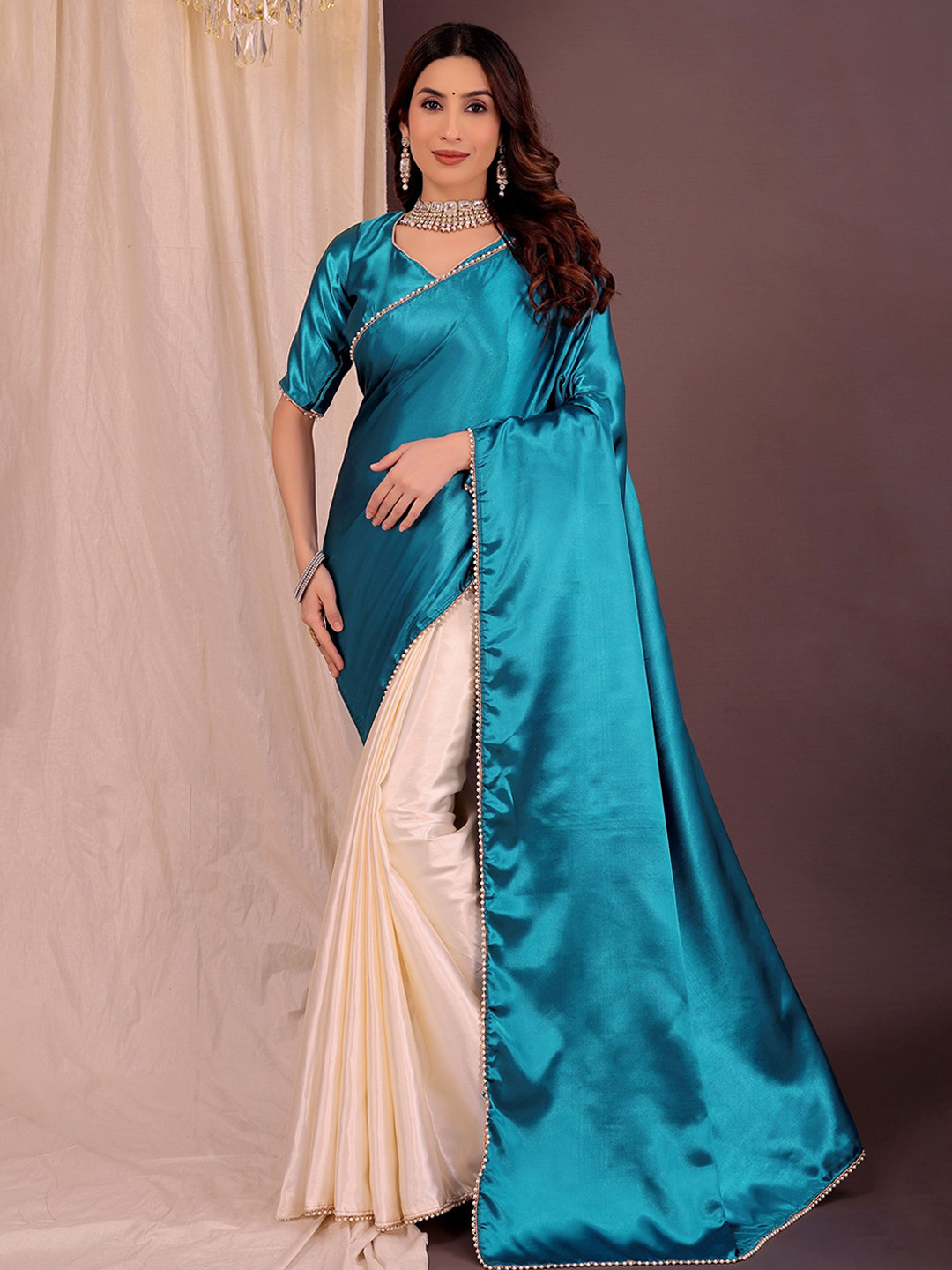 Florence Colourblocked Beads and Stones Satin Half and Half Saree