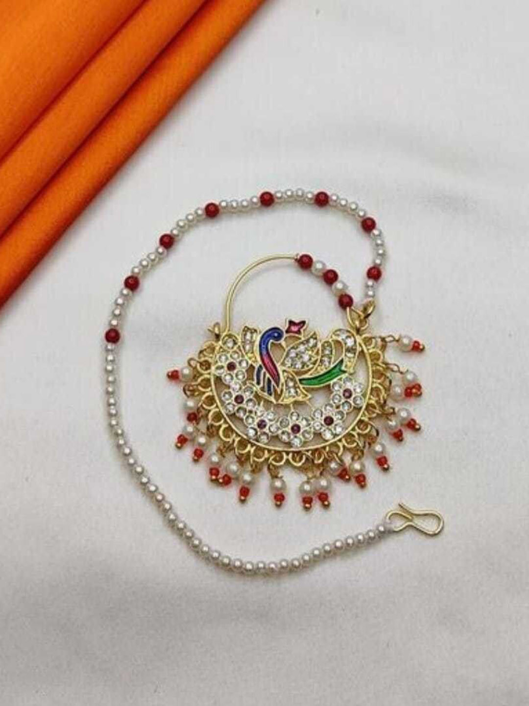 NIKYANKA Gold-Plated Artificial Stones And Beads Chained Nosepin