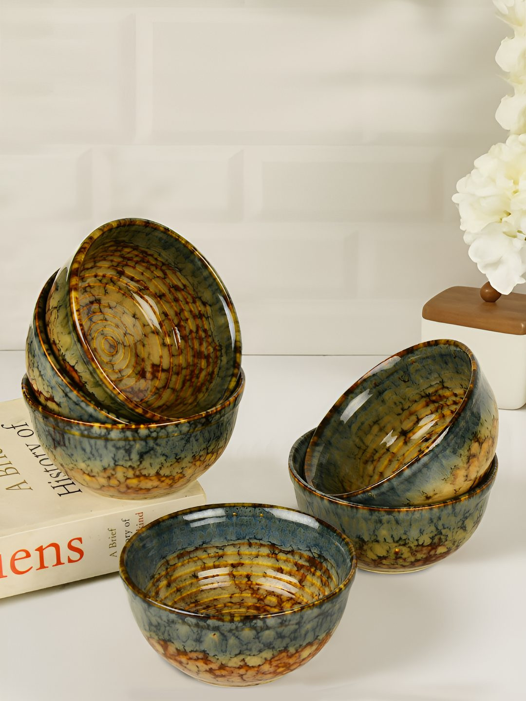 StyleMyWay 6 Pcs of Amber Green & Brown Ceramic Dinner Serving Bowls 250 ml each