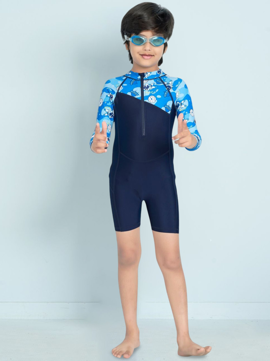 Aarika Boys Cartoon Printed Sports Wear Round Neck Legsuit With Goggle