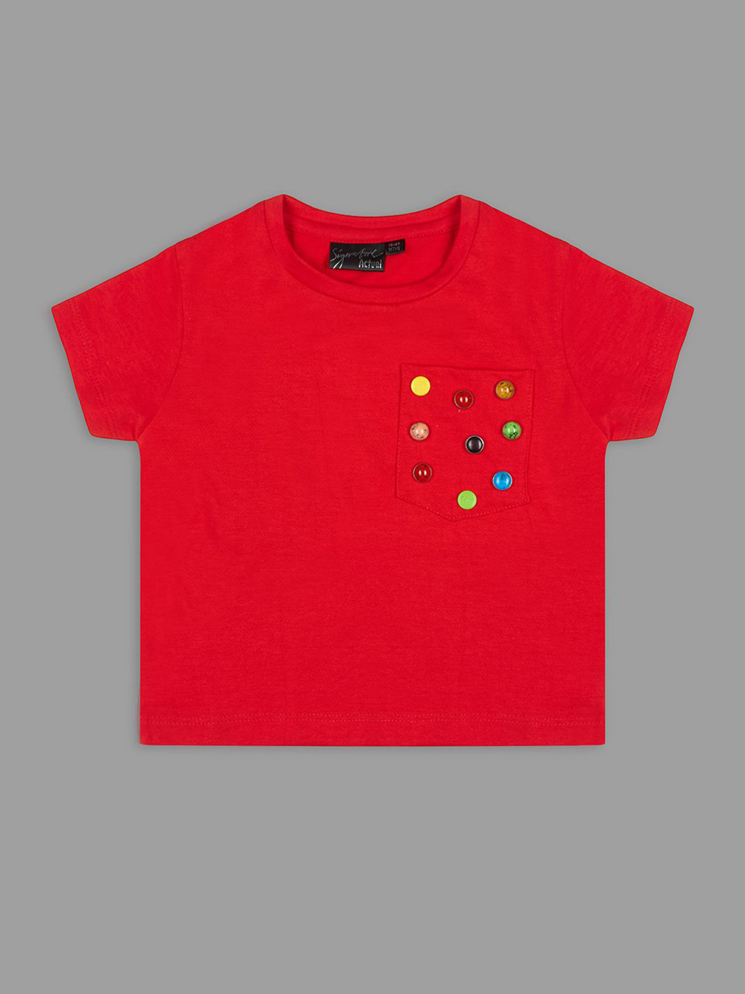 Actuel Girls Red Cotton Knitted Embellished Round Neck Short Sleeves Boxy Top