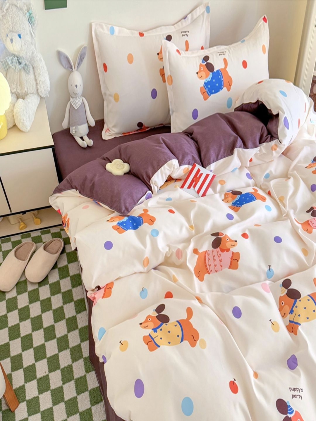 JC HOME Purple & White 4 Pieces Cartoon Characters Single Bedding Set
