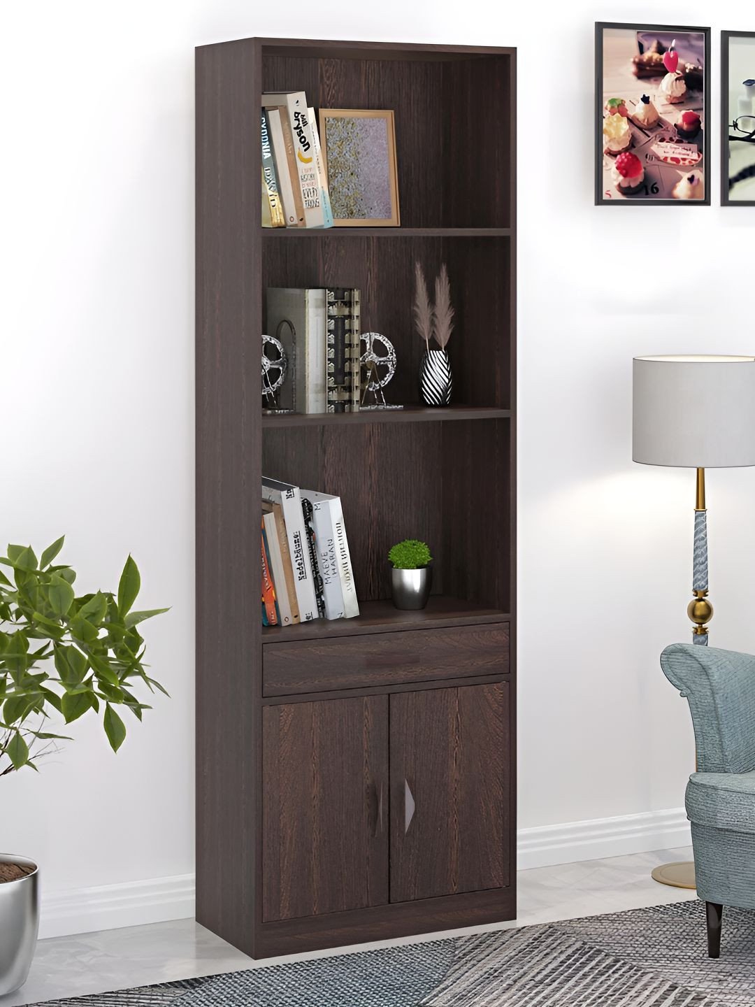 bluewud Seonn Brown 3 Tier BookShelf With 2 DoorCabinet