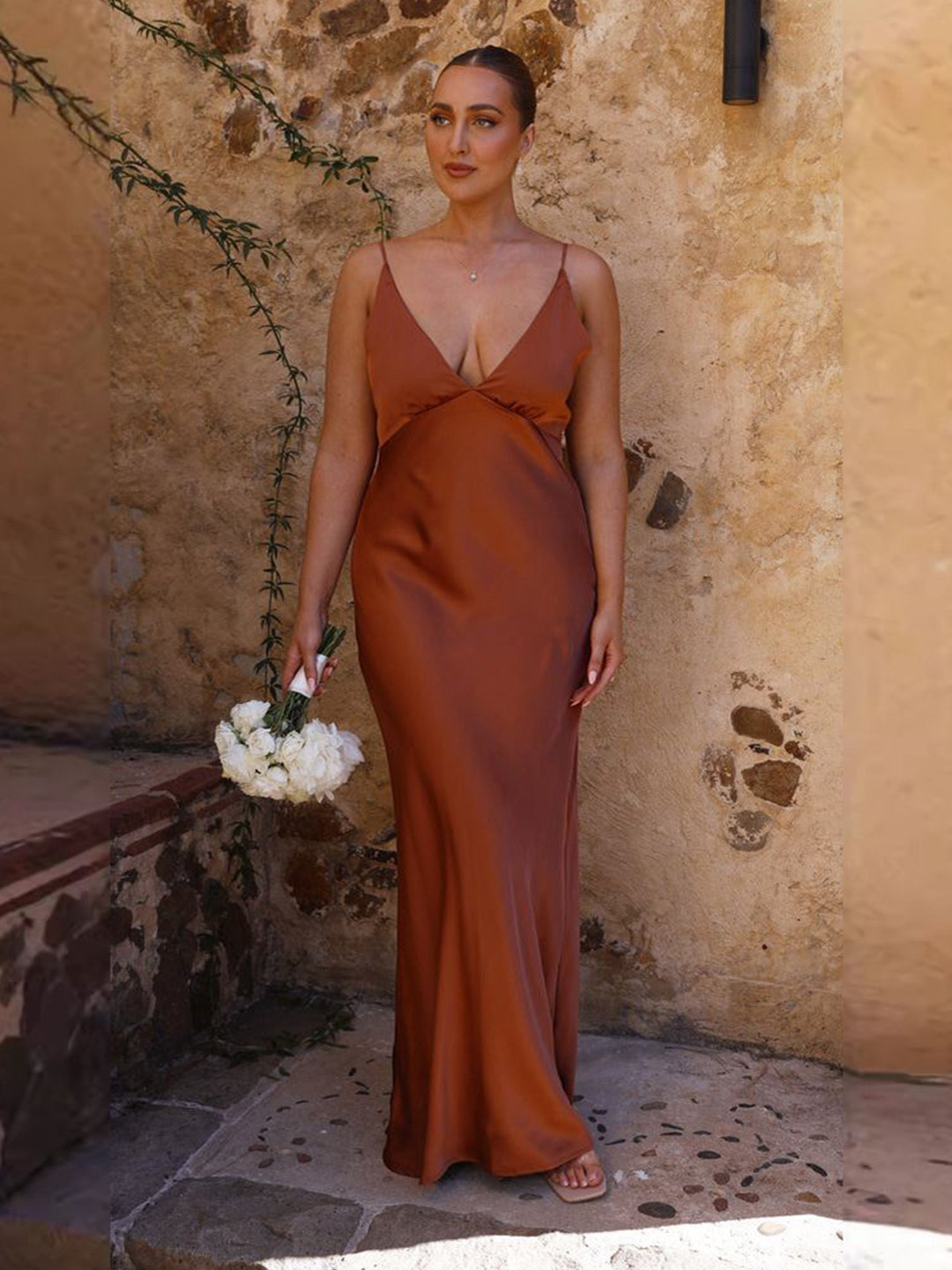 bebe Brown Plunge Neck Spaghetti Strap Maxi Dress