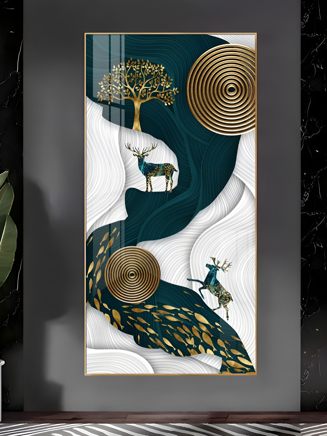 THE NEXT DECOR Deer and Tree Plastic Natural Elements Glossy Hall Wall Hangings-24In