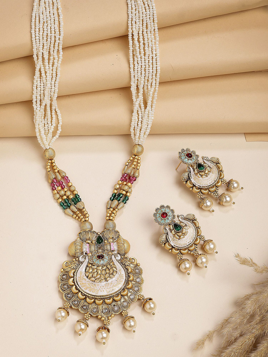 KARATCART Gold-Plated Stones Studded & Beaded Meenakari Work Rani Haar Jewellery Set