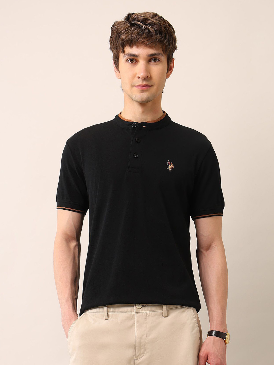 U.S. Polo Assn. Denim Co. Band Collar Muscle Fit Pure Cotton T-shirt