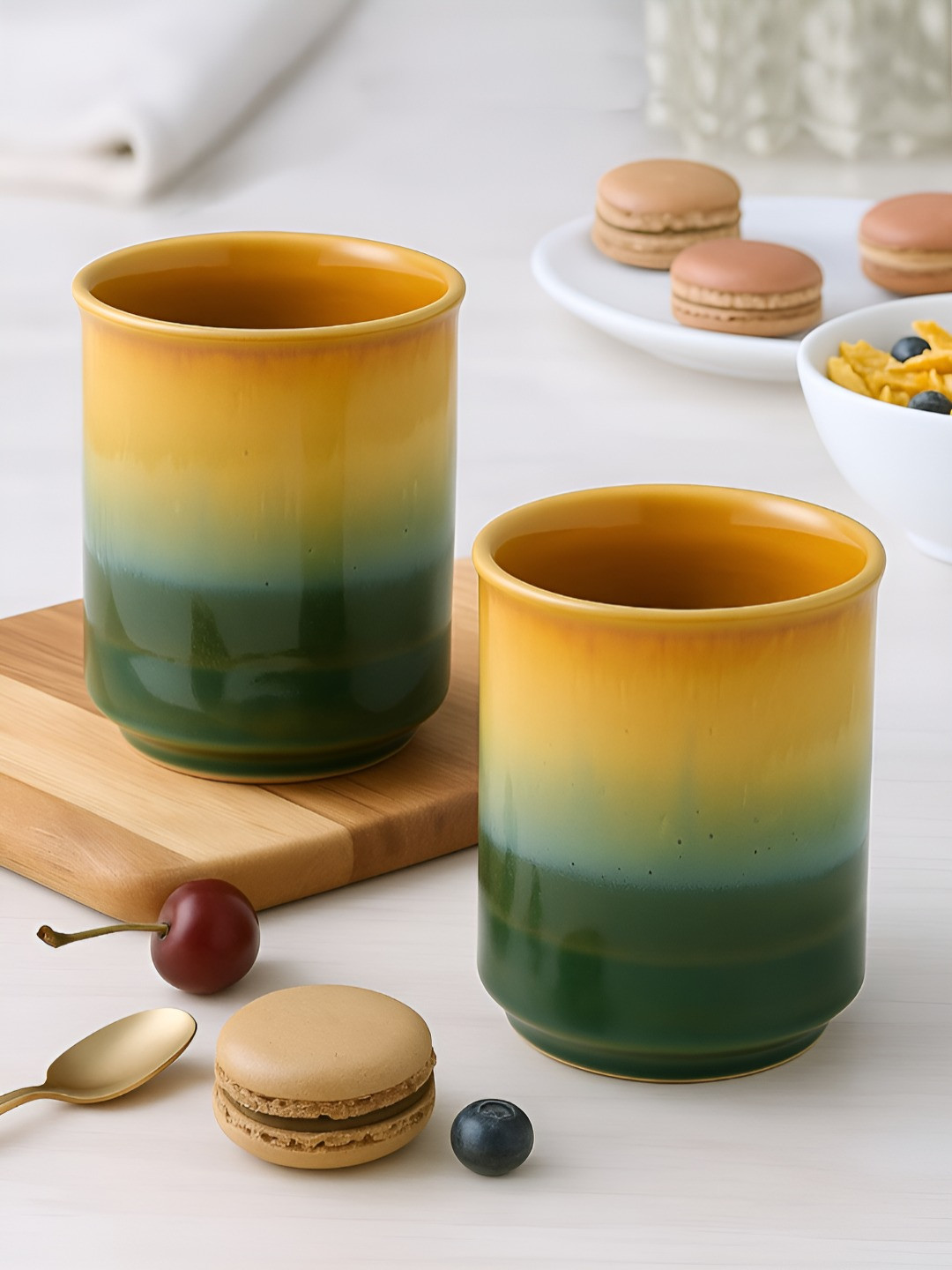 StyleMyWay Sea Green & Creamy Beige Ombre 2 Pcs Ceramic Glasses