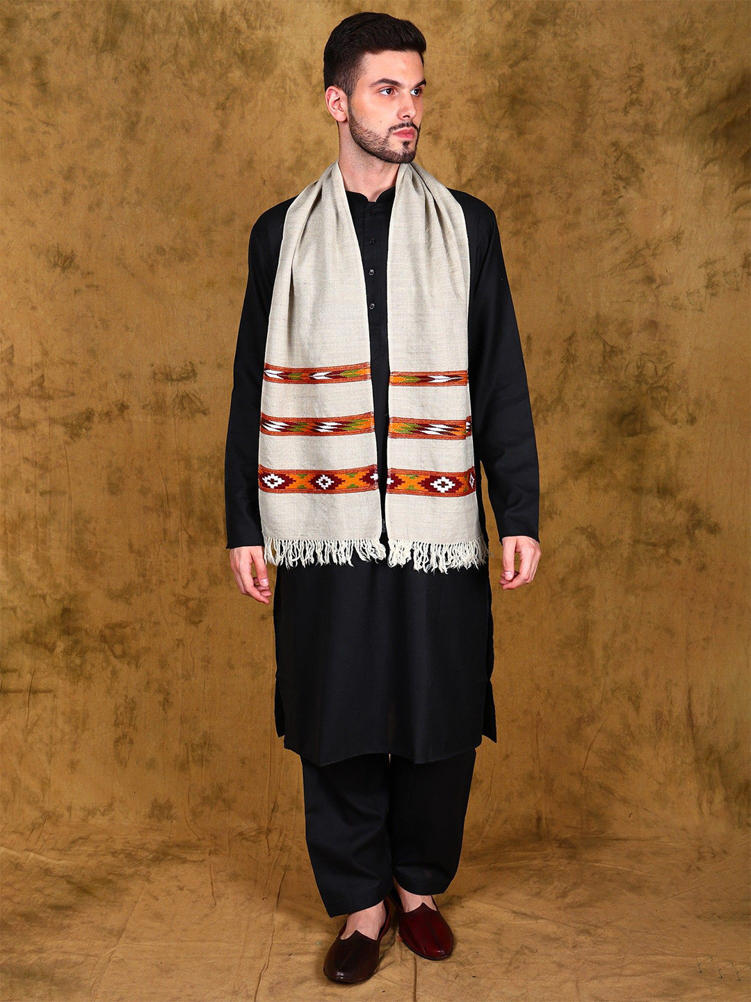 Exotic India Unisex Kinnauri Woven Triple Border Wool Kullu Scarf