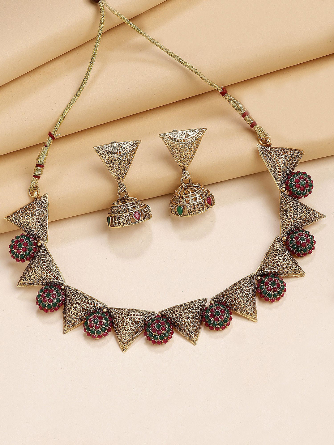 KARATCART Gold-Plated Stone Studded Triangular Jewellery Set