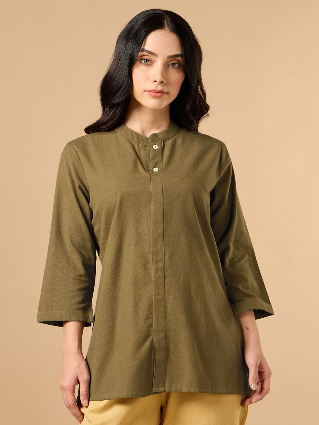 COTTONS DAILY Women Green Solid Mandarin Collar Cotton Linen Kurta