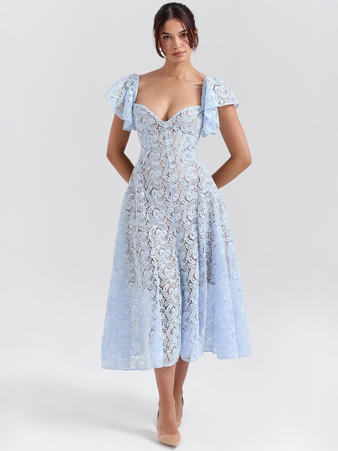 bebe Blue Floral Lace Sweetheart Neck Flutter Sleeves Fit & Flare Midi Dress