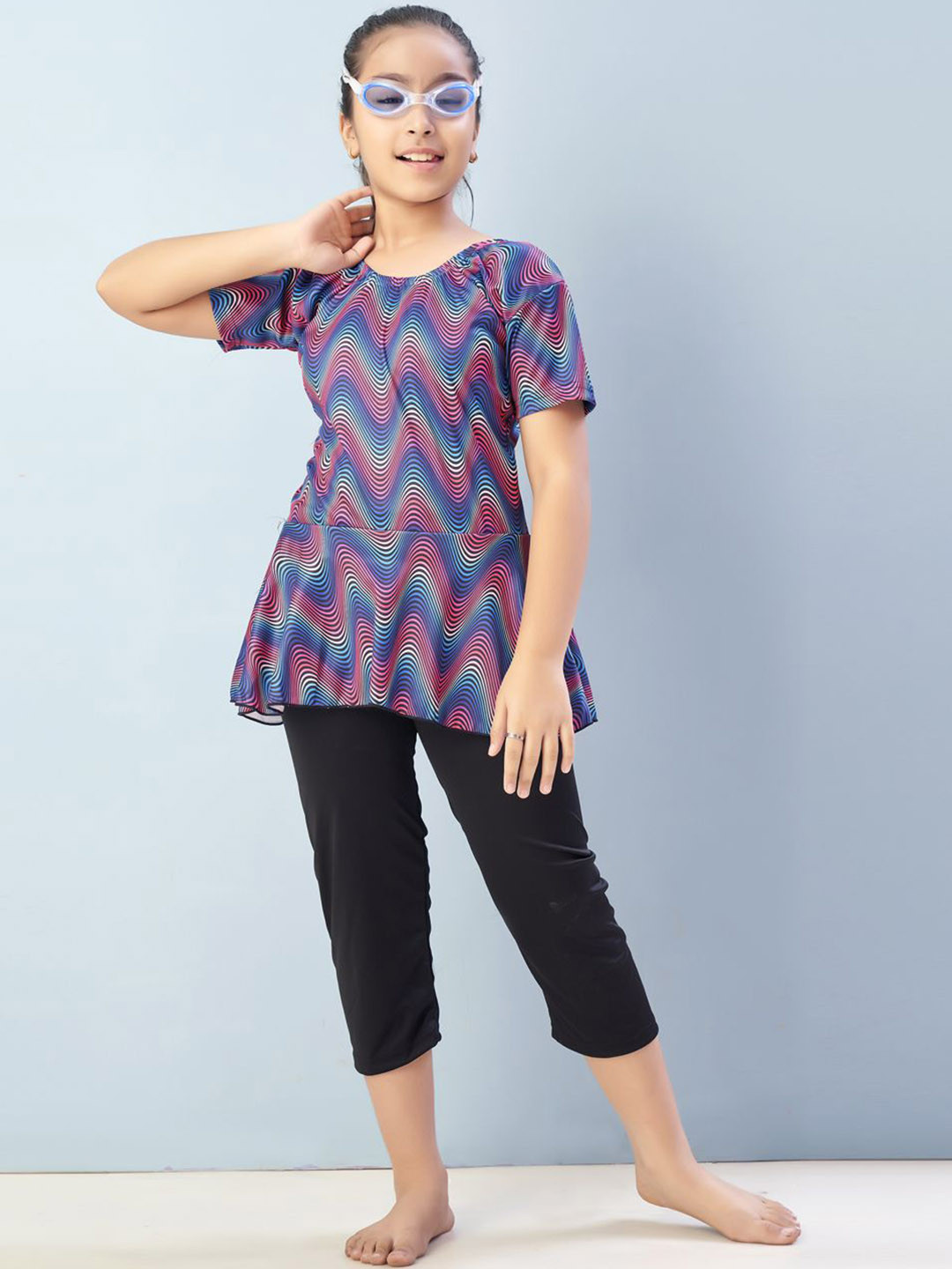 Aarika Girls Abstract Printed Sports Wear Round Neck Swim Suit With Goggle