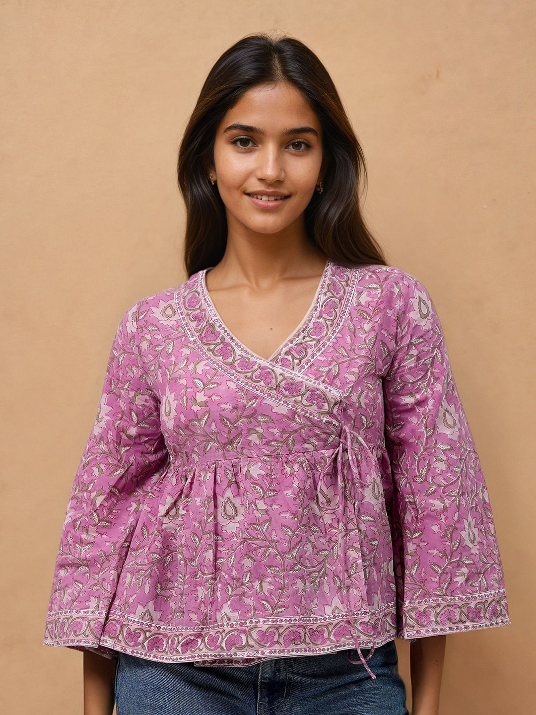 SPARROW Floral Printed Purple Anarkali Top