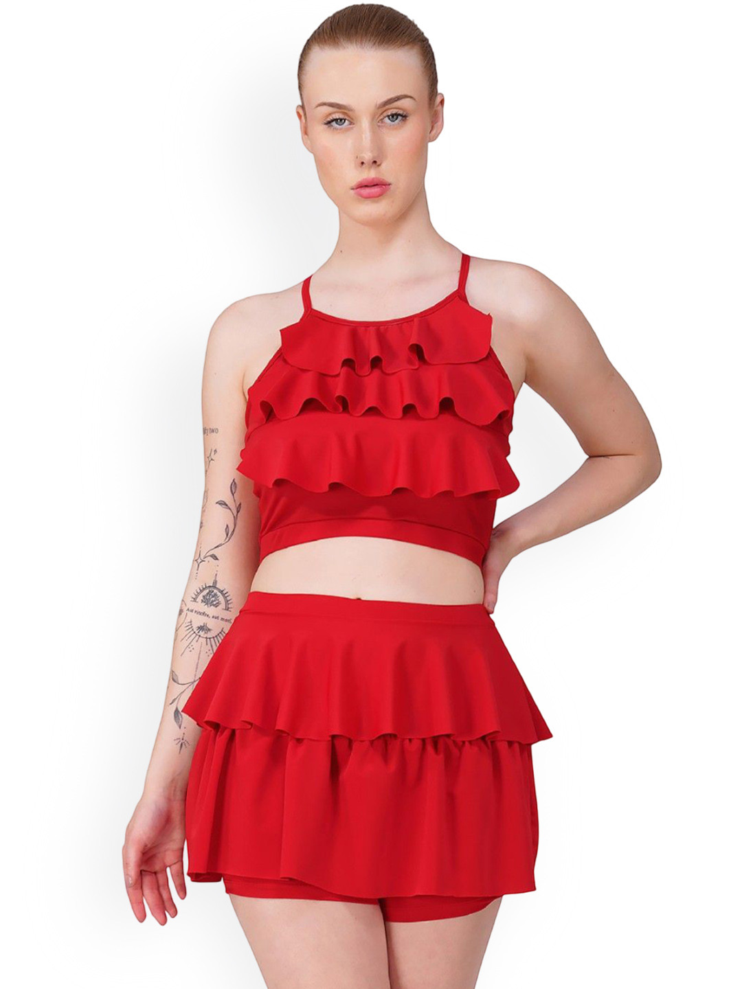 TOMKOT Shoulder Strap Neck Padded Ruffle Detail Two-Piece Swimming Dress