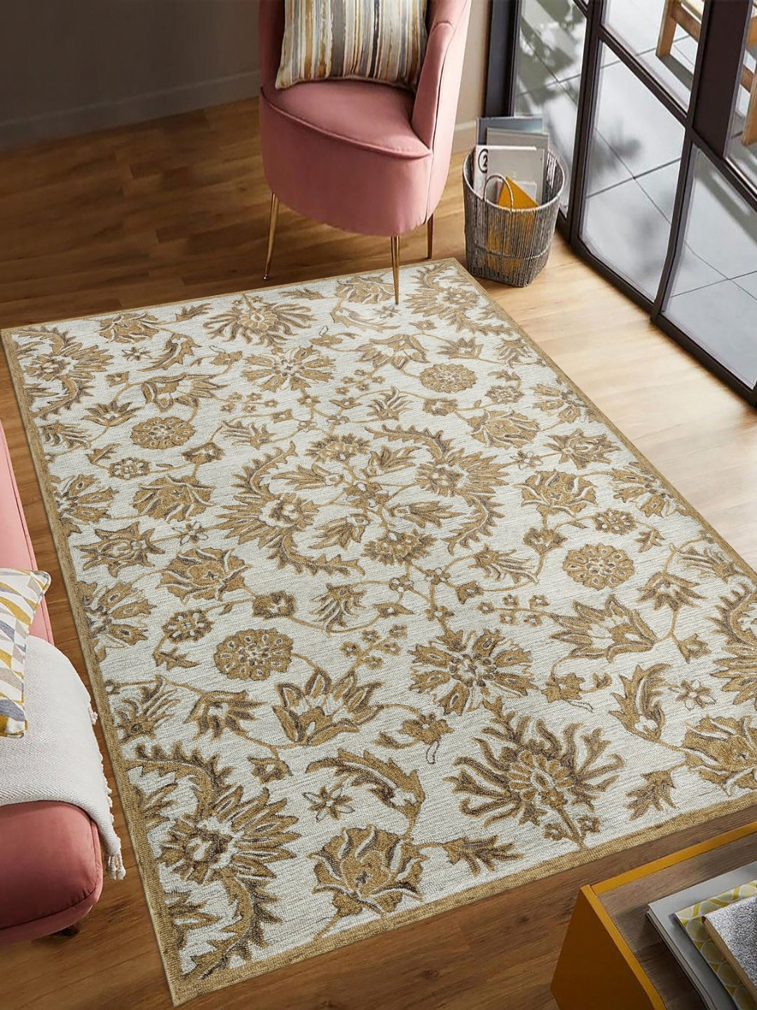 saraswatii global Romania Cream-Coloured & Brown Floral Printed Woollen Carpet