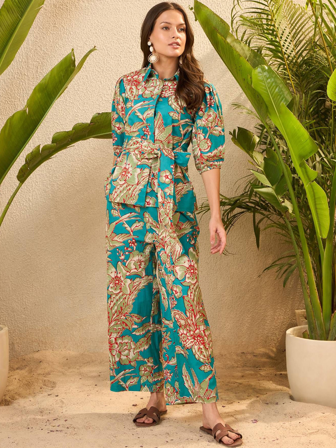 IMANA Floral Printed Shirt Collared Top With Trousers Co-Ords