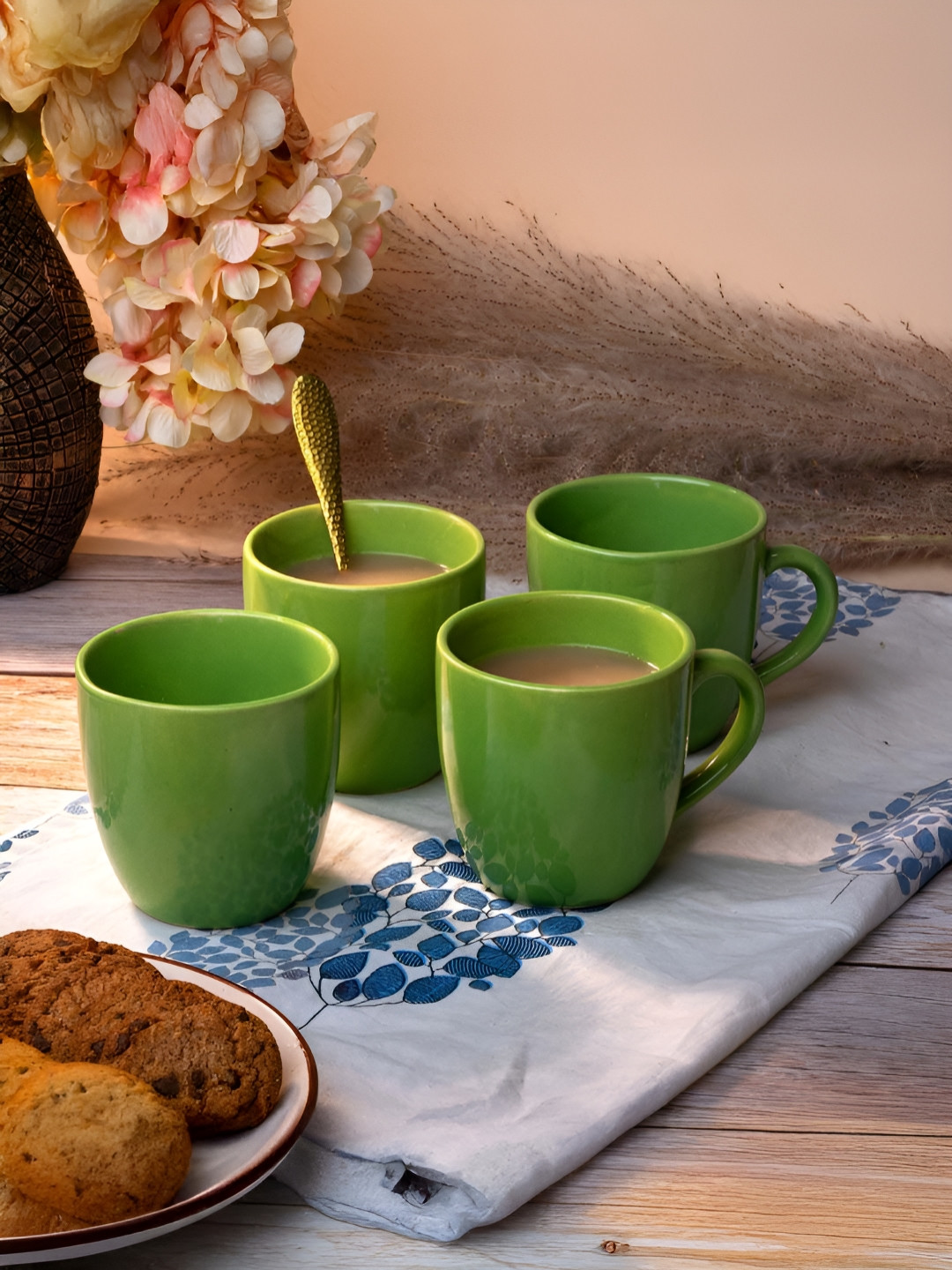 Storepedia Vivek Name Personalised Green Ceramic Microwave Safe 4 Piece Mugs-210ml