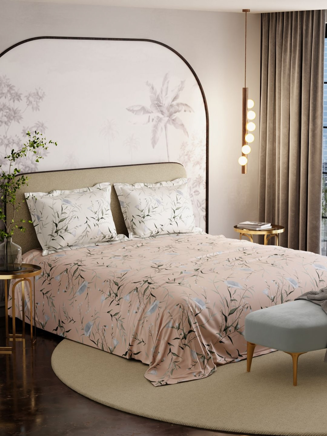 Stoa Paris French Bloom Peach Floral Cotton 300 TC Super King Bedsheet with 2 Pillow Covers-108 x 108 inches