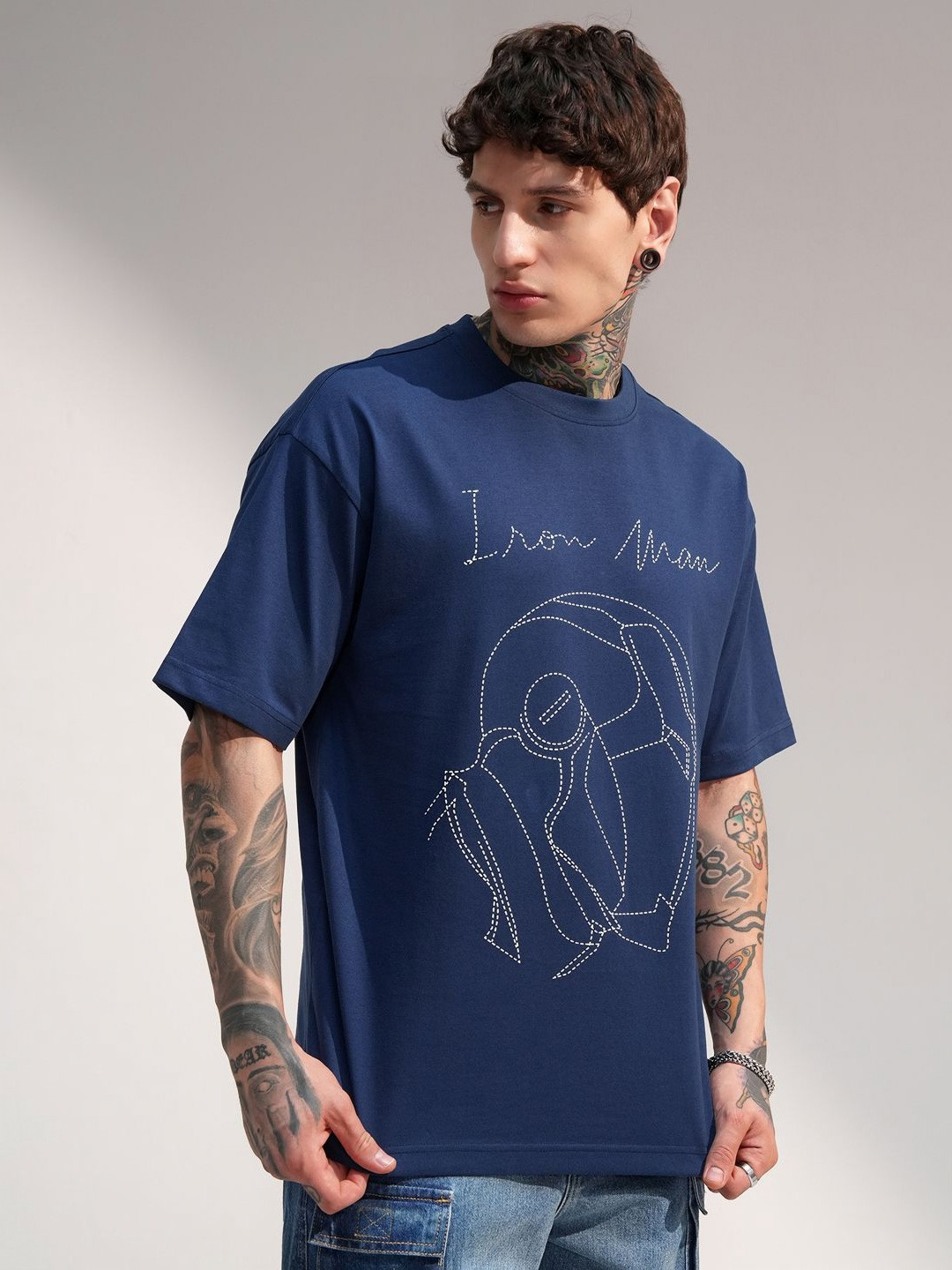 HIGHLANDER Iron Man Embroidered Drop-Shoulder Sleeves Cotton Oversized T-shirt