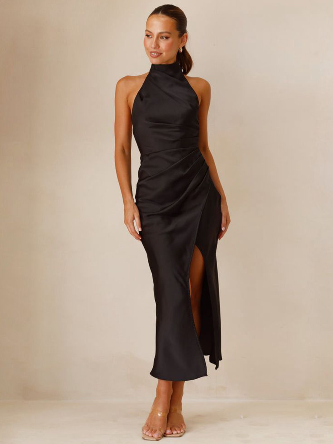 bebe Black Ruched Halter Neck Open Back Midi Dress with Slit