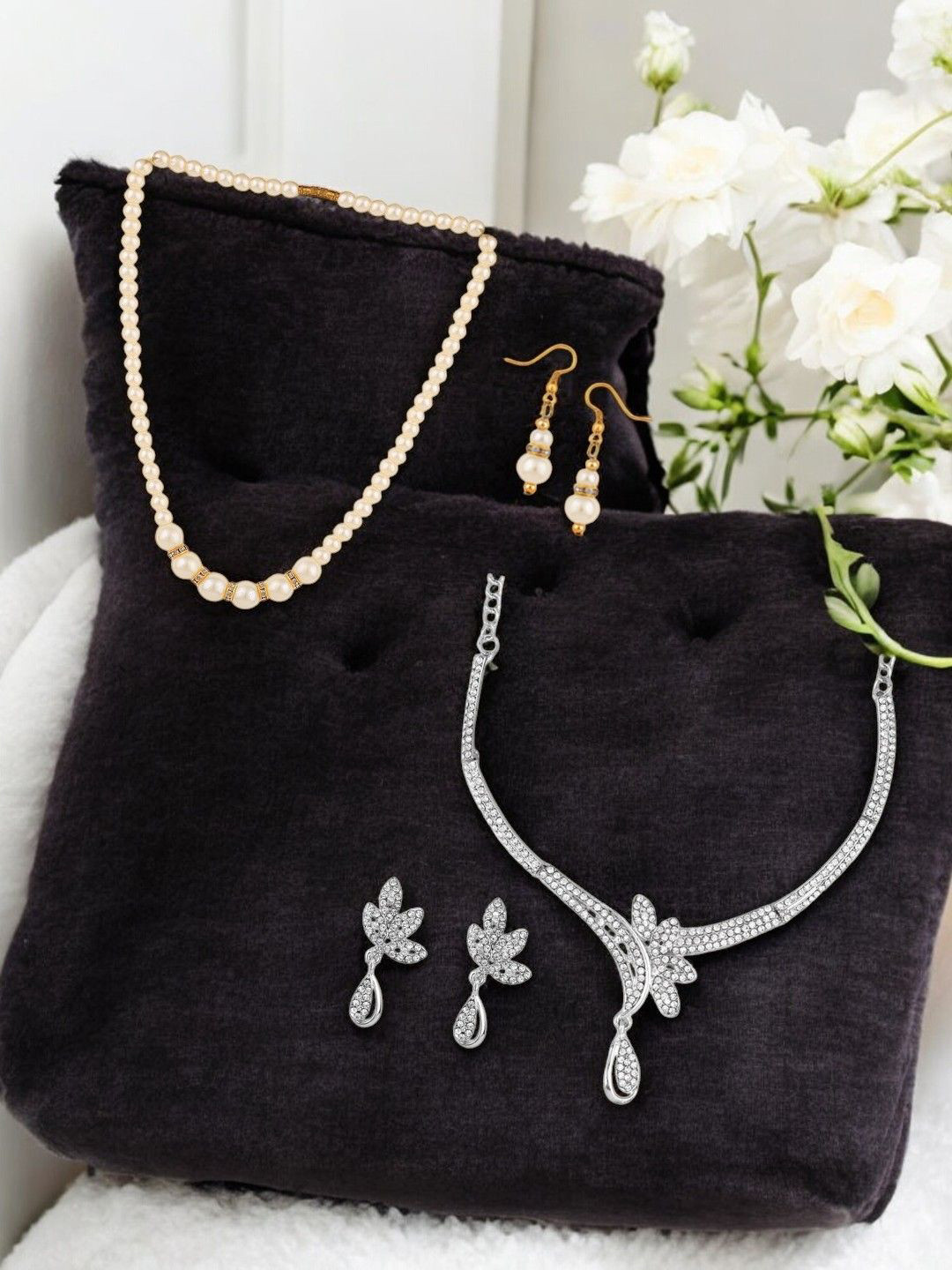 ANIKAS CREATION Pack Of 2 Gold-Plated Cubic Zirconia-Studded Jewellery Set