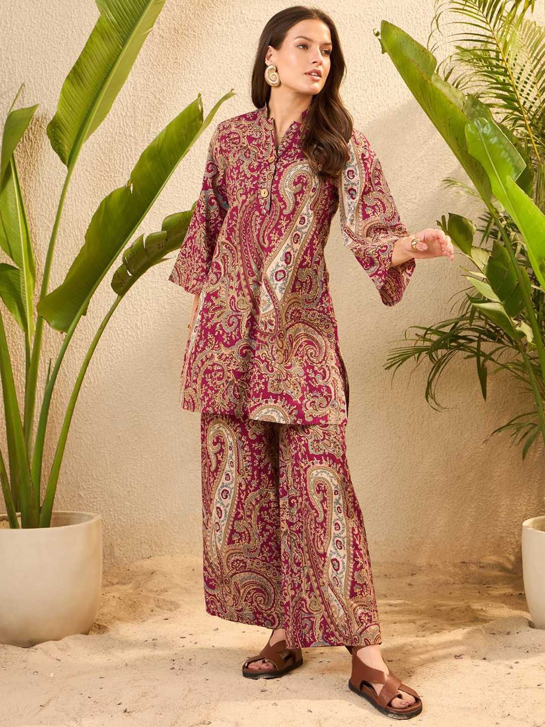 IMANA Pure Cotton Printed V-Neck Top & Trousers Co-Ords Set