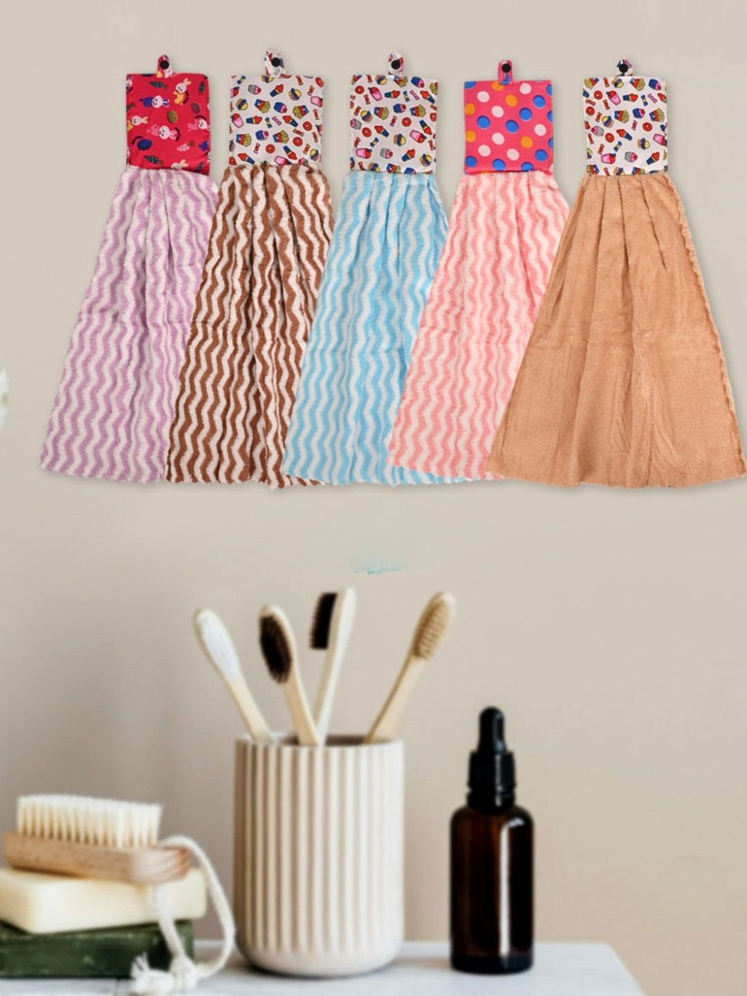 LOOM LEGACY 5Pcs Purple & Brown Striped Microfibre Hanging Kitchen Towels