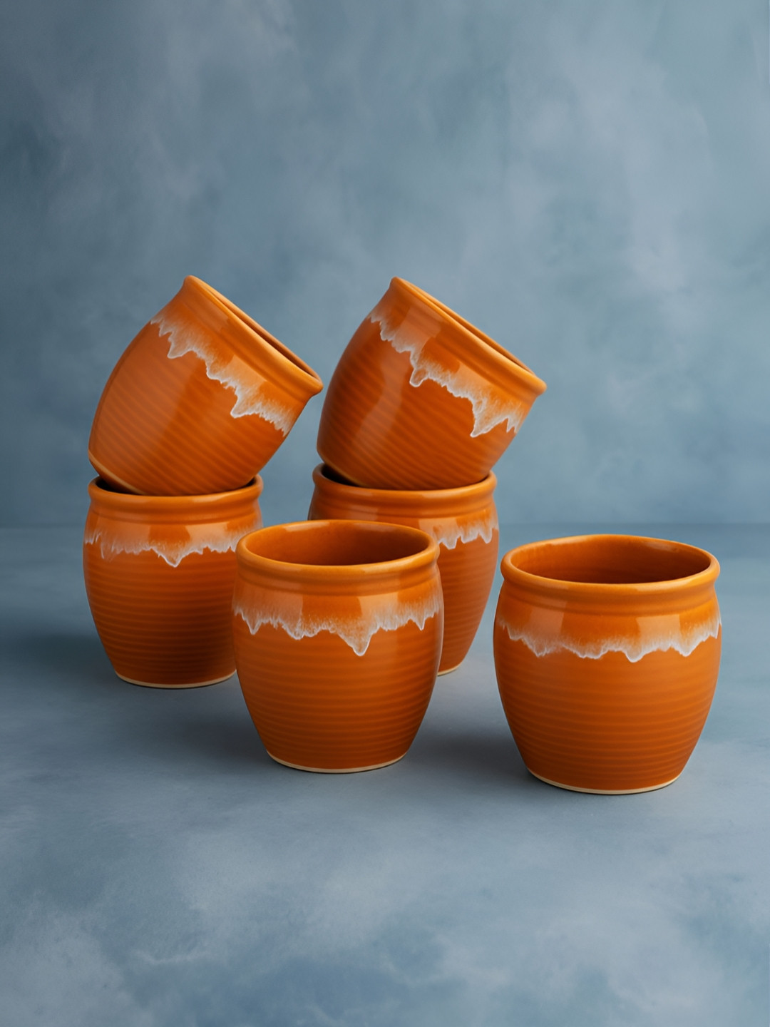 StyleMyWay Brown Striped Ceramic Handmade 6 Piece Kulladh-200ml