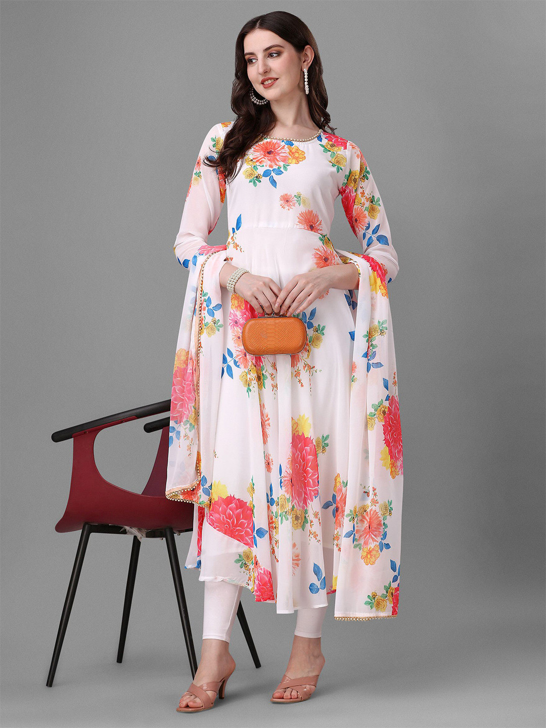 Femvy Women Floral Printed Anarkali Kurti With Leggins & Dupatta