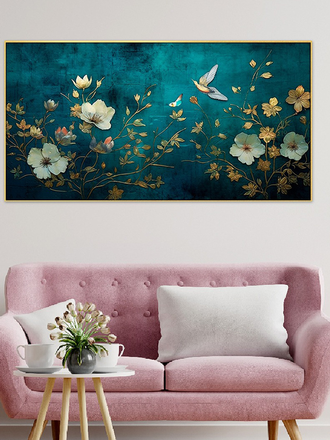 DEKORSTATION Turquoise Blue & White 1 Piece Canvas Floral and Botanical Wall Paintings