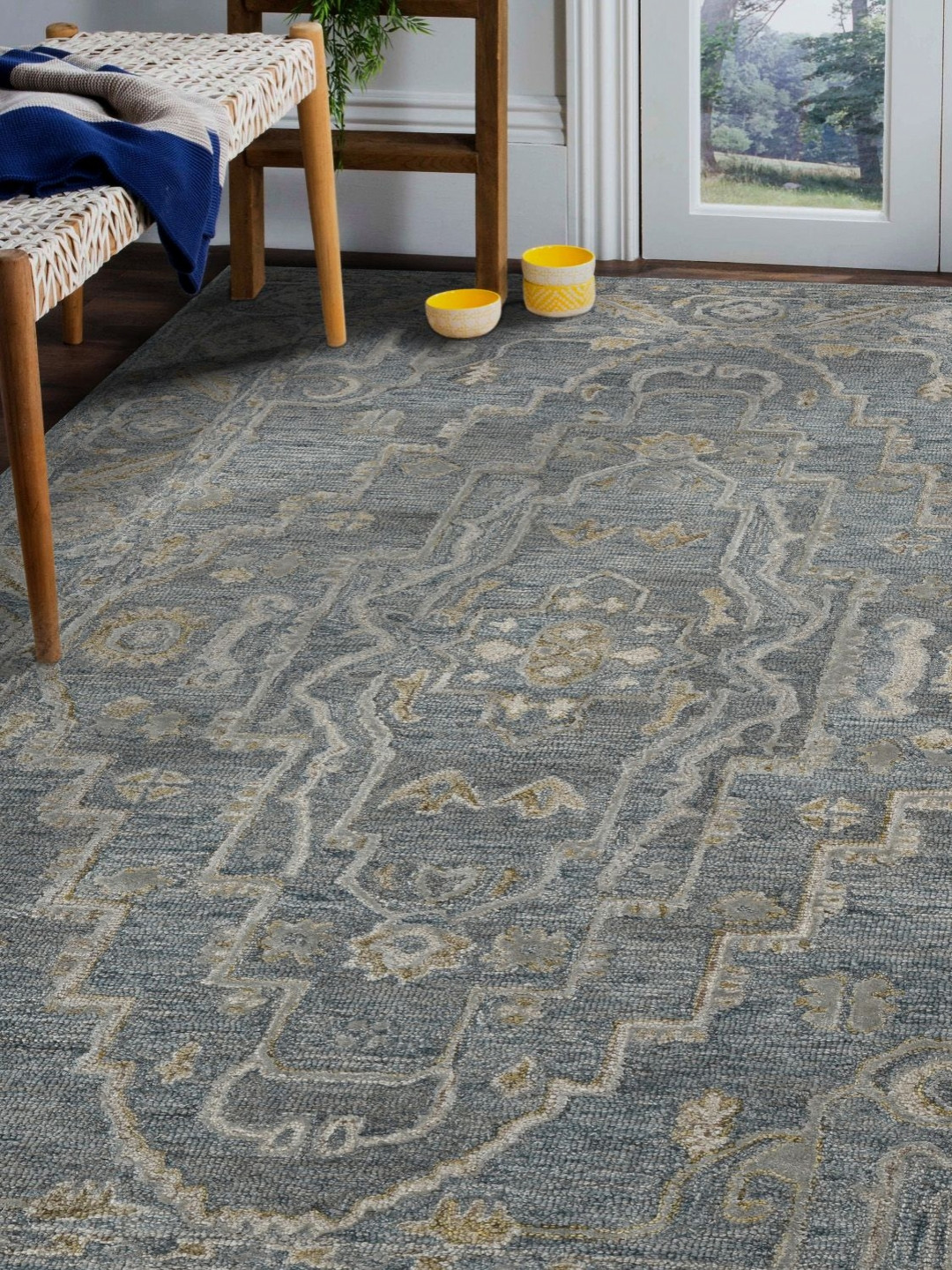 saraswatii global Vestige Kilim Blue & Brown Ethnic Motifs Printed Tufted Woollen Carpet