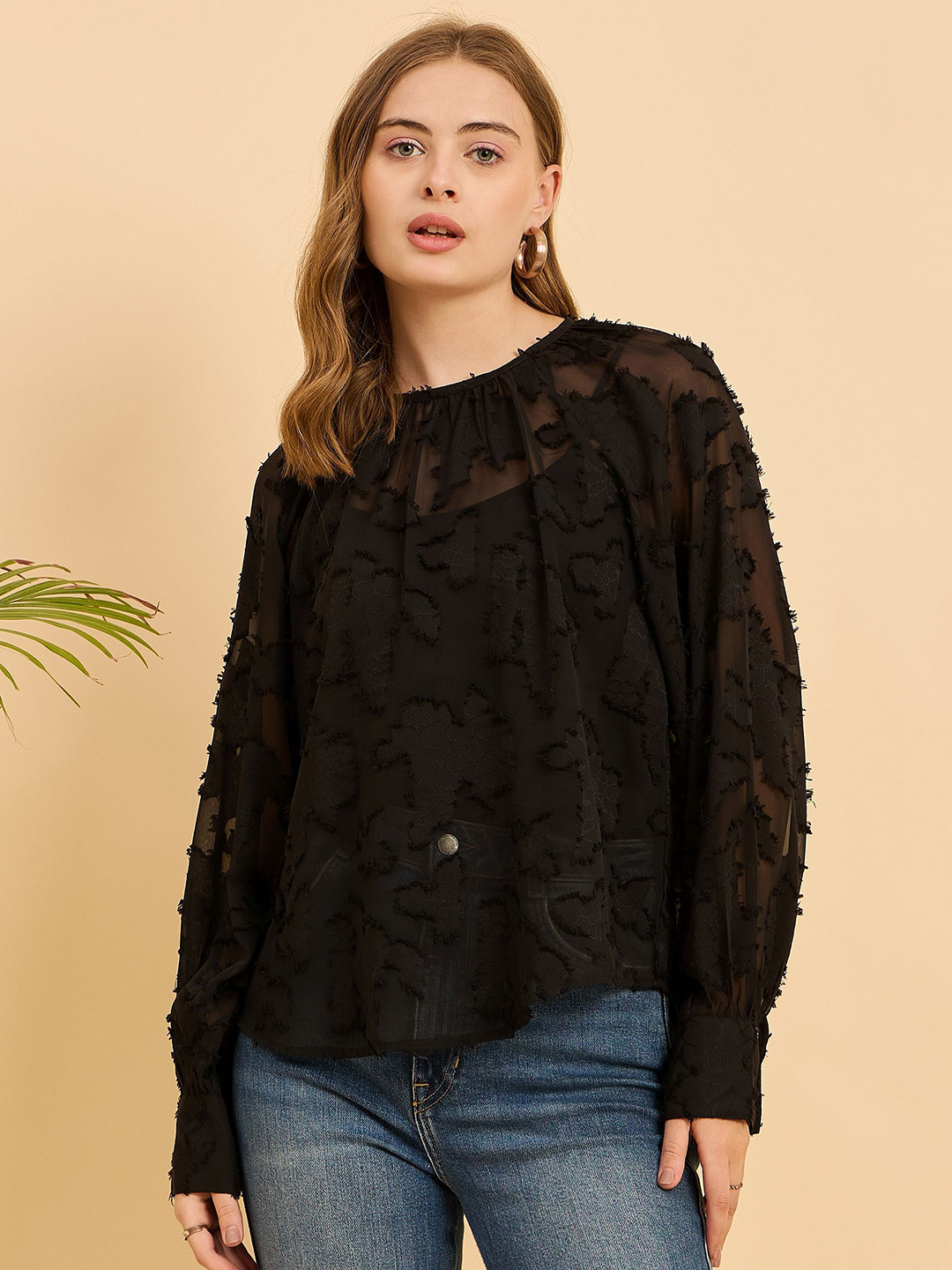 JUNE & HARRY Women Floral Self Design Cuffed Sleeves Top