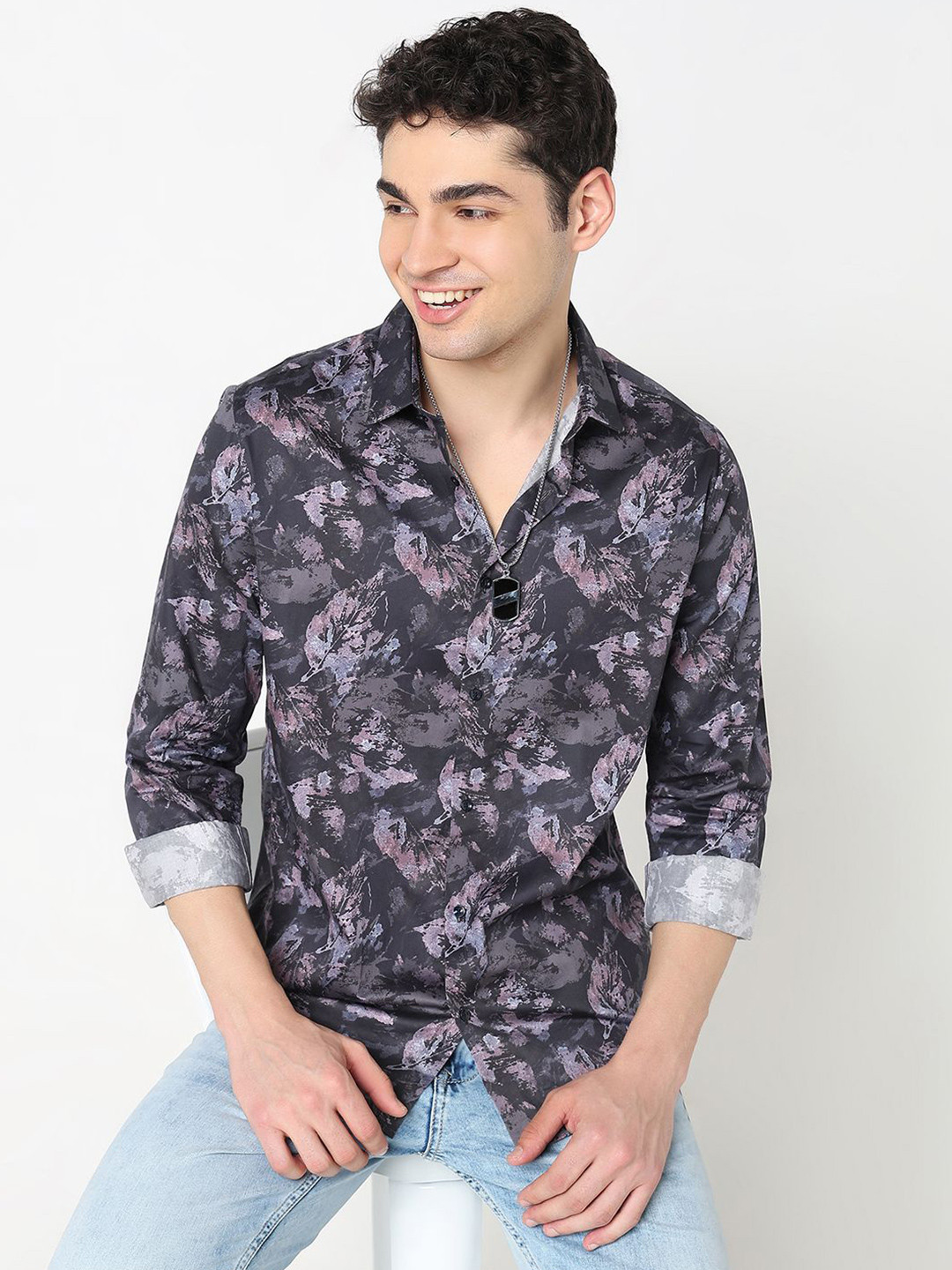 R&B Men Floral Printed Spread Collar Satin Casual Shirt
