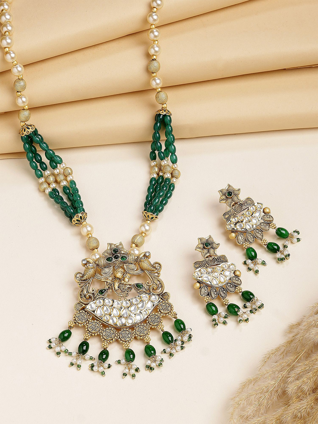 KARATCART Gold-Plated Kundan Studded & Beaded Meenakari Work Rani Haar Jewellery Set