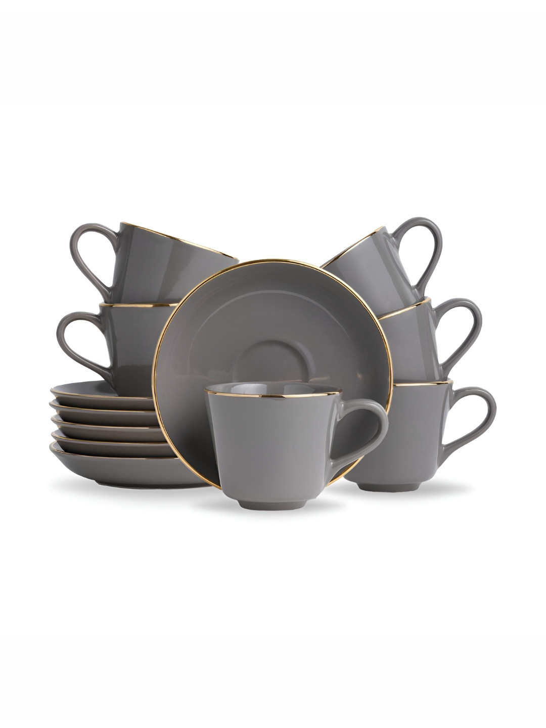 SHAY Grey & Gold Toned 6 Pieces Glossy Ceramic Cups And Saucers 180ml Each